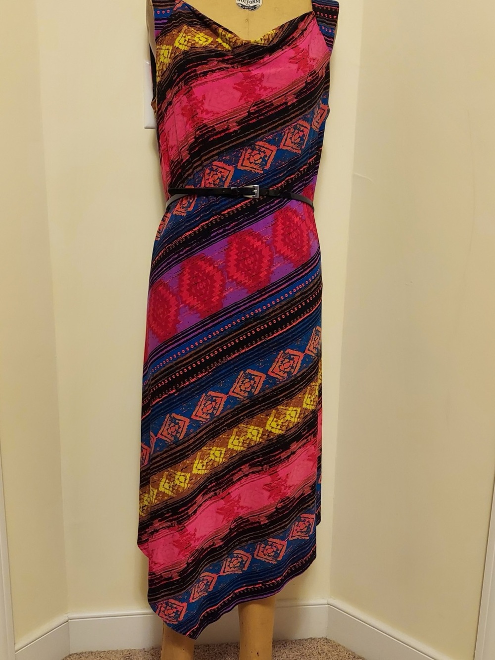 Evan Picone Pink, Blue, Yellow & Black Patterned Sleeveless Dress
